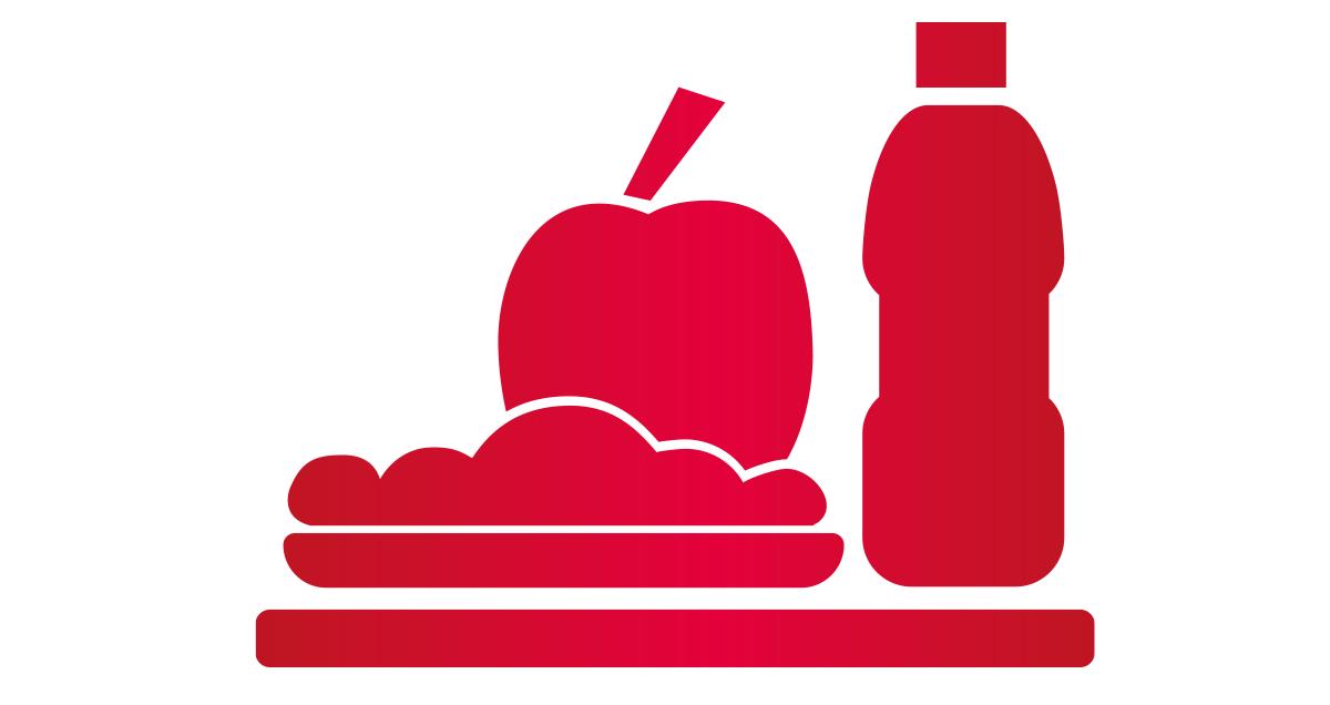 School meal illustration - water, apple and bowl of food on a plate